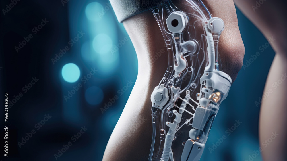 Aufkleber closeup of a patients leg, where a broken bone is being quickly repaired and reformed using a combin