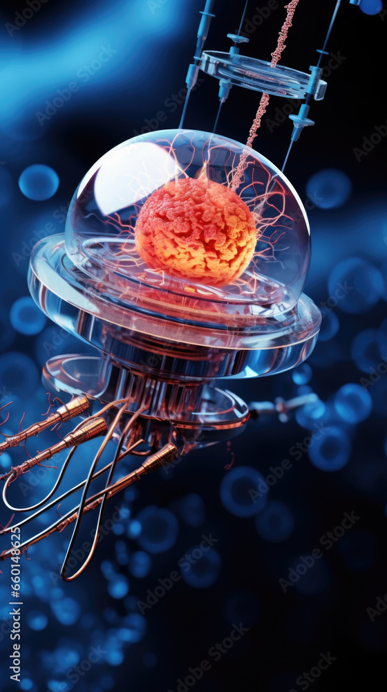 Poster closeup of a nanorobot being guided through a maze of vessels, carrying a payload of stem cells to r