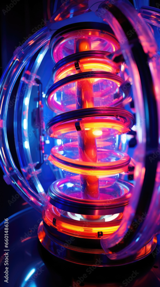 Aufkleber closeup of a futuristic teleportation pod, glowing with vibrant colors as it utilizes the power of q