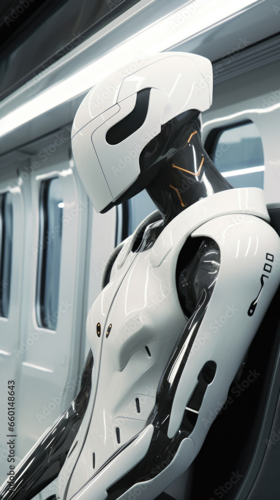 Poster future of transportation shown through a highspeed train powered by exoskeleton suits. the suits pow
