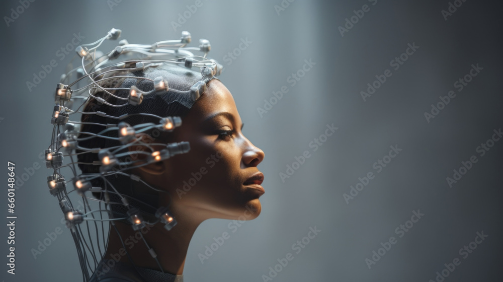 Aufkleber portrait of a person with a small chip implanted in their brain, allowing them to send and receive t