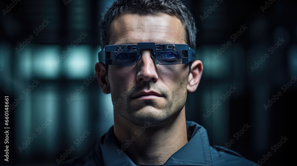 Aufkleber portrait of a man with bionic eyes that have the ability to switch to different visual modes, from n