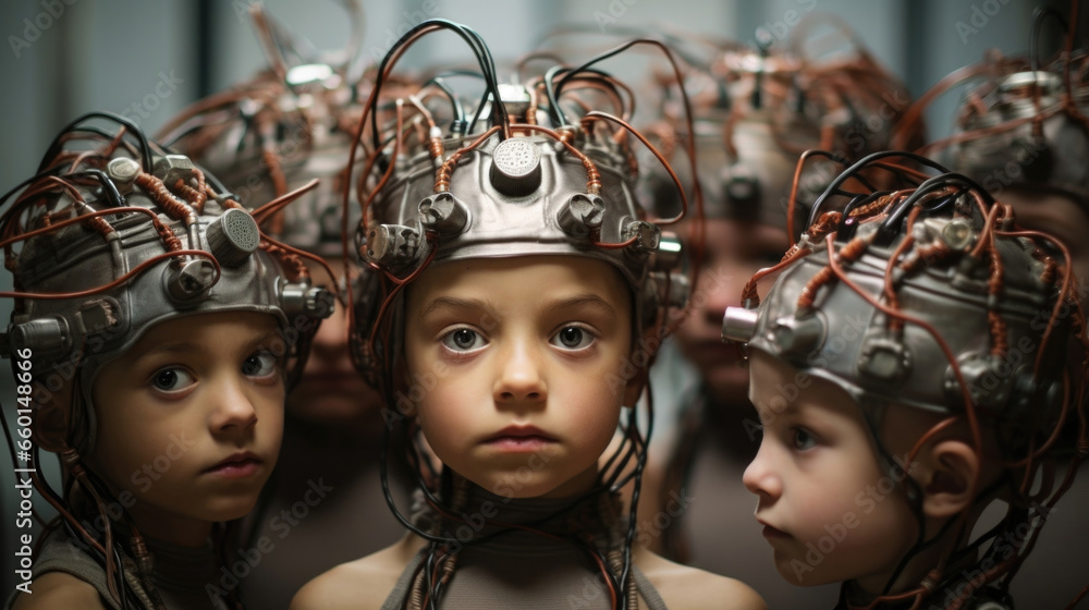 Aufkleber portrait of a group of children with cybernetic implants in their brains, giving them access to a co