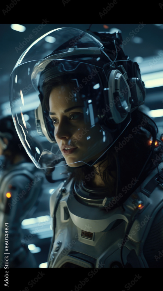 Aufkleber scifi scene of a team of astronauts using cognitive augmentation devices to enhance their decisionma