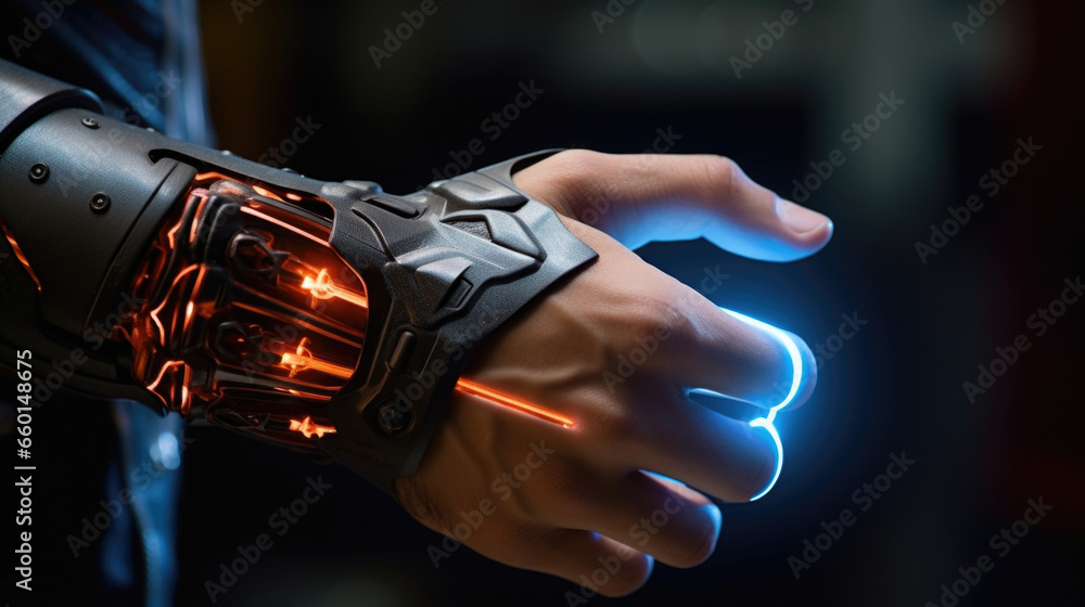 Poster closeup of a mans hand with a cybernetic glove, allowing him to access and process data at lightning