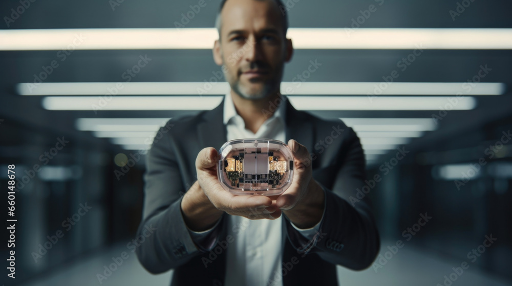 Aufkleber portrait of a man holding a small device, the size of a smartphone, that contains a miniature biosta