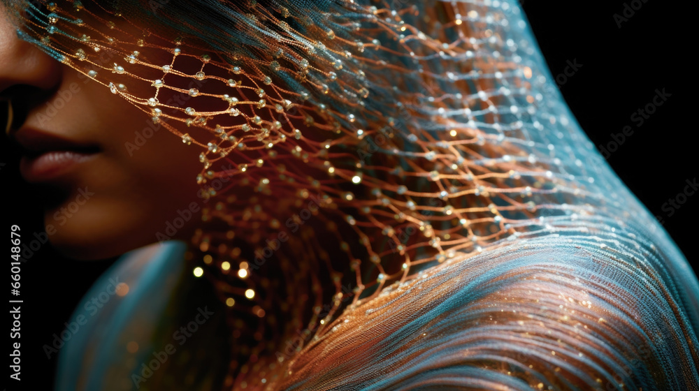 Poster closeup of an invisibility cloak made from a remarkable meta mesh fabric, featuring millions of tiny