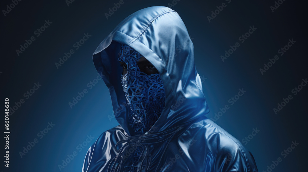 Poster portrait of a figure shrouded in an invisibility cloak, the fabric of which is woven with advanced e