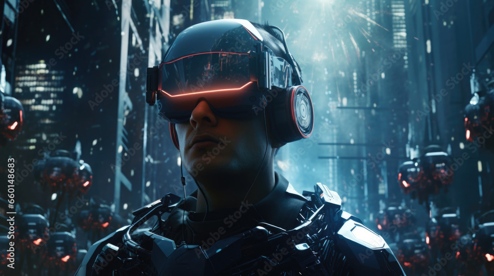 Aufkleber scifi scene of a virtual reality world where humans and ai coexist, exploring new frontiers and push