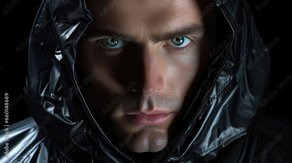Aufkleber portrait of a spy wearing an invisibility cloak made from a flexible liquid armor that can change it