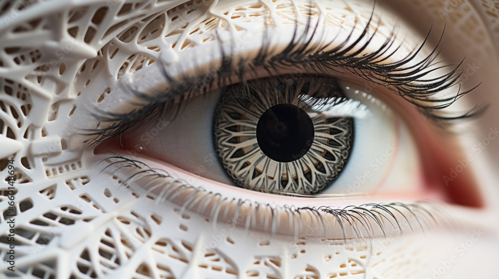 Aufkleber closeup of a 3d printed eye, intricate and delicate in design, showcasing the incredible level of pr