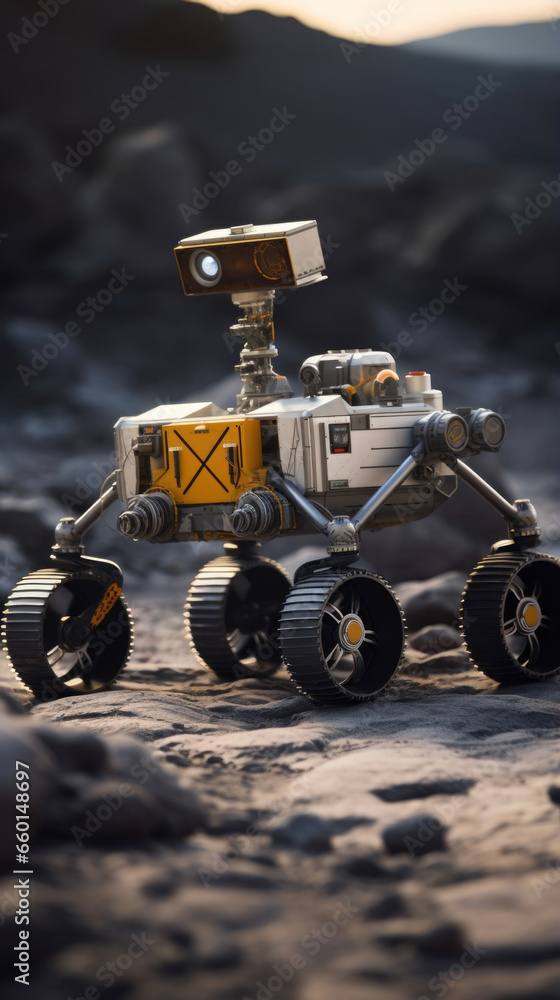 Aufkleber closeup of a robotic rover exploring the surface of an exoplanet, its sleek design allowing it to ma