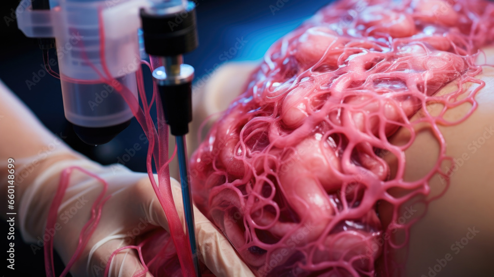 Poster closeup of a 3d printer creating a personalized synthetic skin graft, complete with functioning swea