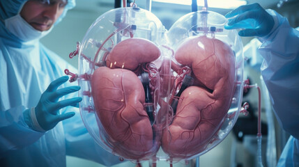 Closeup of a labgrown organ, such as a liver or kidney, being carefully transported to a patient in need of a transplant, eliminating the need for donor and reducing the risk of rejection. - obrazy, fototapety, plakaty
