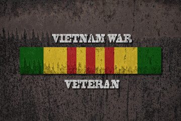 Vietnam Campaign Ribbon with Vietnam War Veteran inscription. Vietnam Veterans Day. General commemoration in the Armed Forces. The service ribbon. Grunge style. - obrazy, fototapety, plakaty