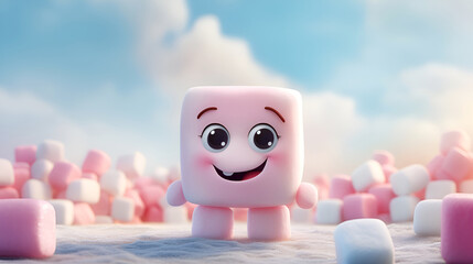 Cartoon marshmallow food character. Funny cartoon Marshmallow character banner. Cartoon pink marshmallows standing against light blue sky background. Cute marshmallow cartoon character emoticon mascot - obrazy, fototapety, plakaty