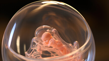 Closeup of a small, transparent artificial womb, housing a particularly delicate and rare species of alien embryo, being nurtured and studied by a team of curious and dedicated scientists.