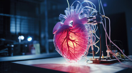 Closeup of a 3D printed heart, pulsating and pumping as it is connected to a series of tubes and wires in a simulated environment, testing its functionality and viability for human use.