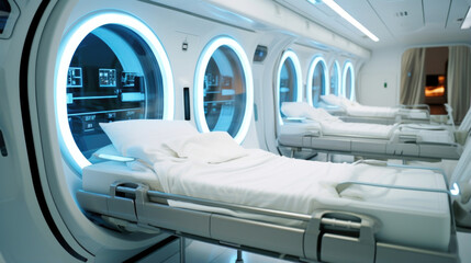 Closeup of a futuristic space hospital, where patients are able to walk around and recover in comfortable rooms thanks to the artificial gravity system that simulates Earths gravity.