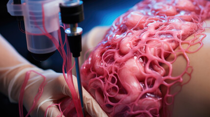 Closeup of a 3D printer creating a personalized synthetic skin graft, complete with functioning sweat glands and hair follicles, for a burn victim to help them heal and feel more confident. - obrazy, fototapety, plakaty
