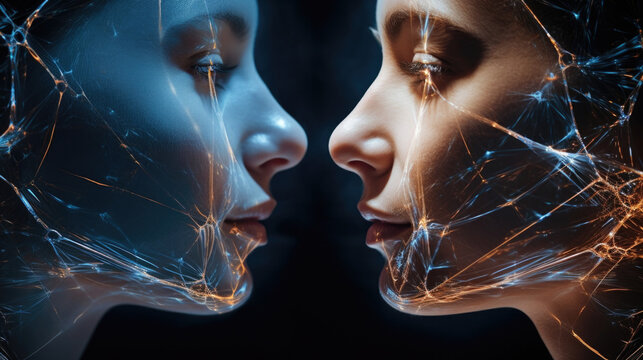 Closeup of two people standing face to face, their eyes closed as they engage in deep telepathic communication. Their bodies seem to blur at the edges, indicating a powerful mental connection.