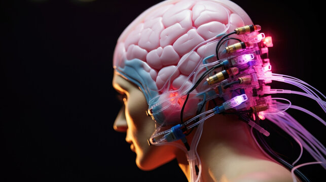 A closeup of a brain implant connecting to a patients neural pathways, allowing them to control a new artificial organ with their thoughts.