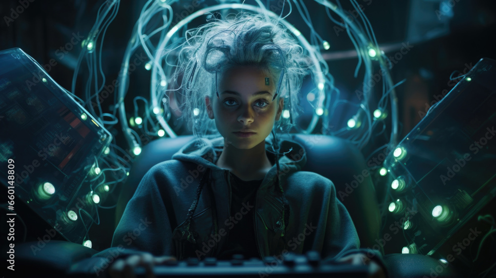 Poster portrait of a nonbinary individual with metallic skin and glowing circuitry, sitting in front of a c