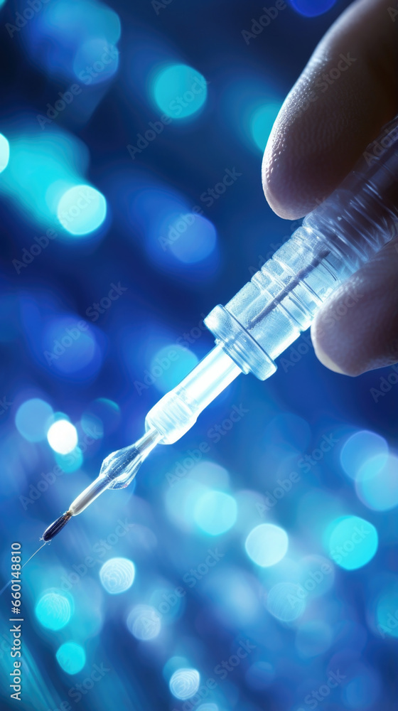 Aufkleber closeup of a nanomedical engineer injecting a tiny, futuristiclooking syringe containing nanobotfill