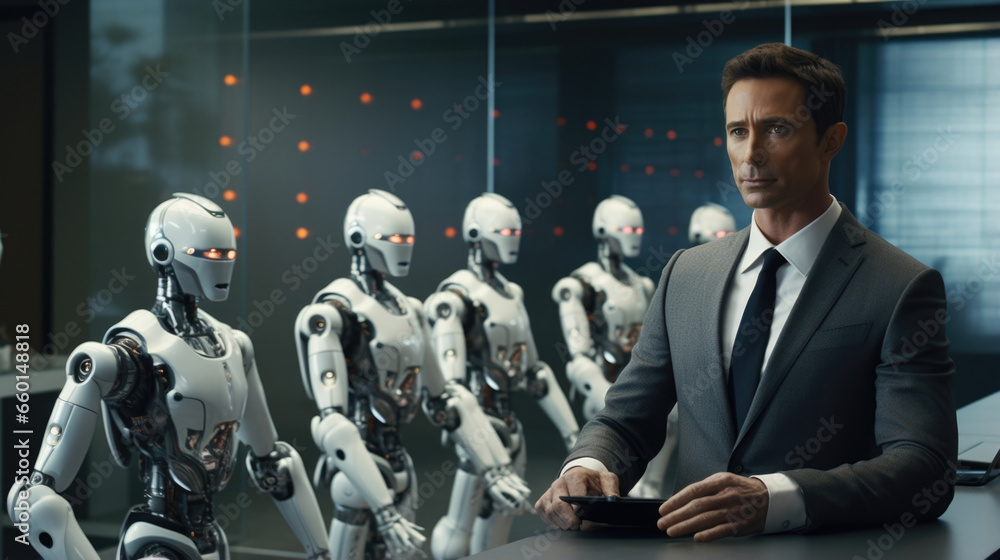 Aufkleber scifi scene of an ai ethics consultant leading a group of robots in a training exercise focused on e