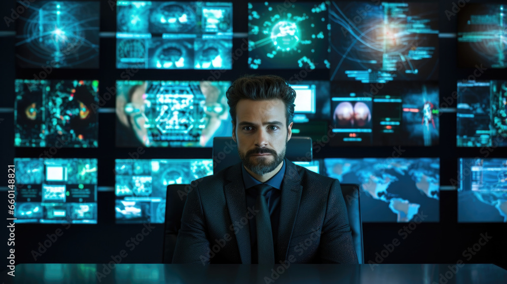 Aufkleber portrait of an ai ethics consultant sitting in front of a wall of monitors, monitoring and analyzing