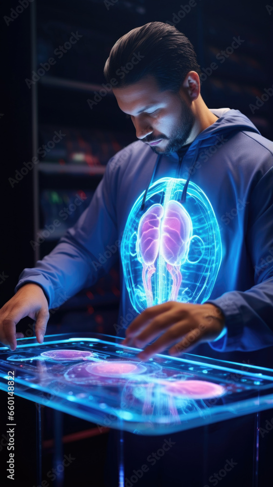 Aufkleber portrait of a synthetic organ designer studying a holographic display of a patients body, analyzing 