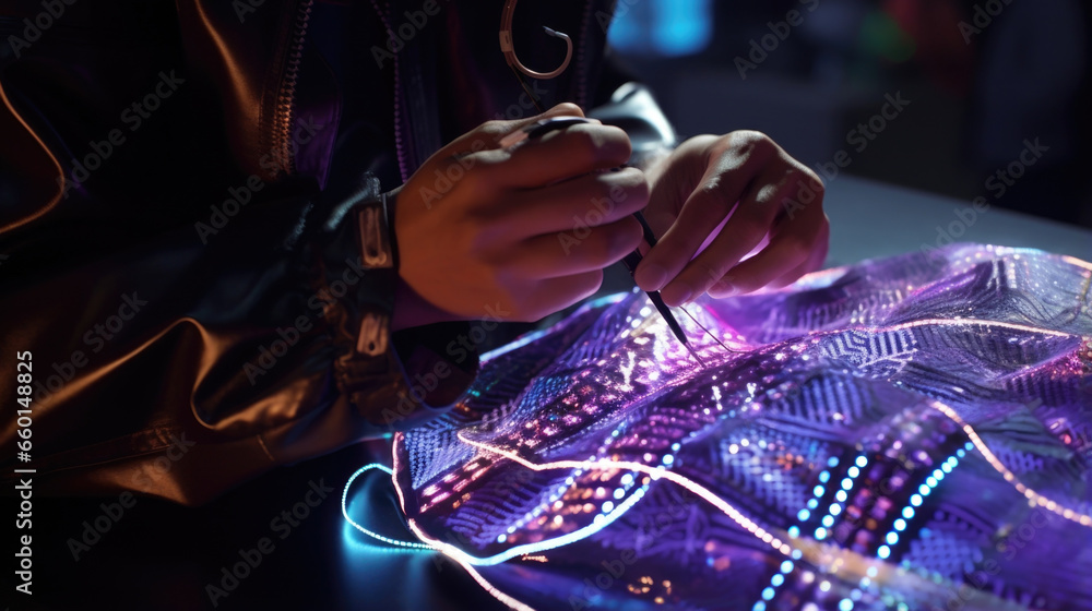 Aufkleber closeup of a holographic jacket being created in realtime, with the designer using a combination of 