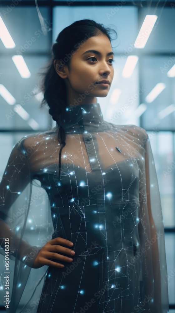 Aufkleber portrait of a holographic fashion designer collaborating with a team of engineers to create a dress 