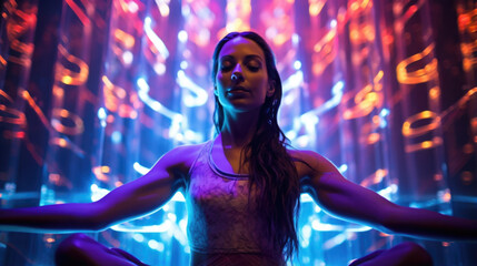Portrait of a futuristic yoga teacher, their body adorned in glowing LED lights that change color with their movements as they guide their class through an energizing zerogravity yoga routine.