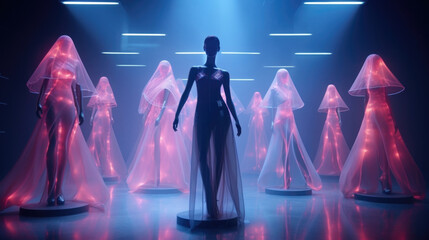 Scifi scene of a virtual fashion competition, where holographic designers from around the world...