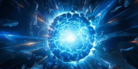 Nuclear Fusion Ablaze: An Artistic Explosion of Blue Energy in the Cosmic Backdrop - obrazy, fototapety, plakaty