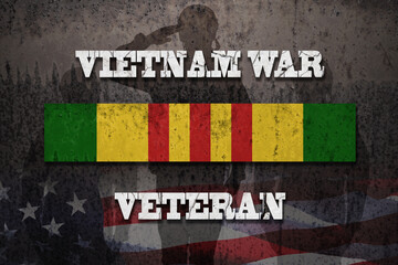 Silhouettes of soldiers saluting and Vietnam Campaign Ribbon with Vietnam War Veteran inscription. Vietnam Veterans Day. General commemoration in the Armed Forces. The service ribbon. Grunge style.
