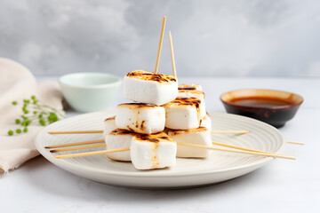 Skewers with grilled marshmallows. Grilled marshmallows on sticks on a plate. Plate with delicious grilled marshmallow on light background with copy space. Marshmallow skewers minimalistic banner