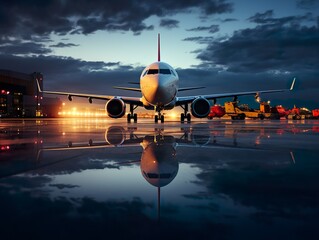 Passagierflugzeug rollt bei Dämmerung über das Rollfeld