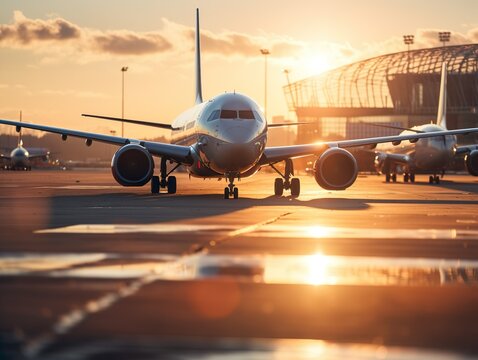 Flugzeugverkehr bei Sonnenuntergang