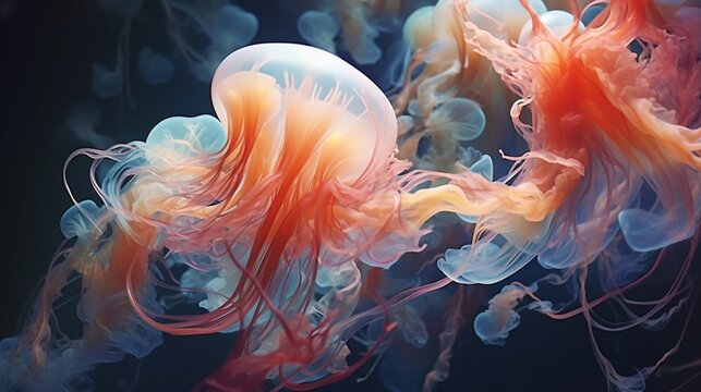 Craft an abstract masterpiece where paint and the fluid movement of jellyfish intertwine with grace.