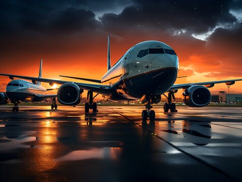 Wartende Passagierflugzeuge bei D&auml;mmerung