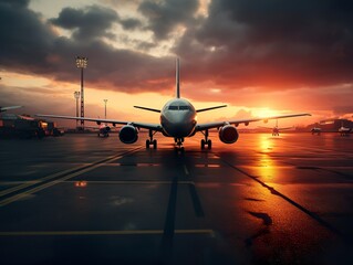 Passierflugzeug steht bei Sonnenuntergang auf dem Rollfeld