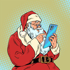 Christmas mailing to friends and family with congratulations. Santa Claus is holding a phone and will scroll down the feed. Electronic advertising in connection with promotions. Pop Art Retro