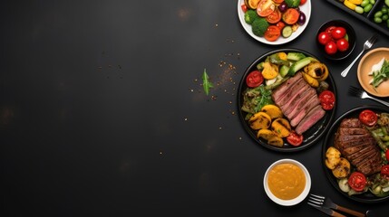 mockup shot Assorted dinner spread pan fried meat and veggies salad and snacks, top view, copy space concept