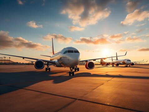 Passierflugzeuge warten bei Sonnenaufgang auf den Start