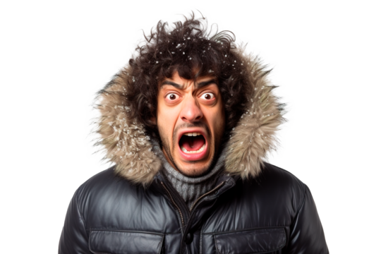 Angry man with crazy facial gesture wearing winter jacket. Headshot on white transparent background