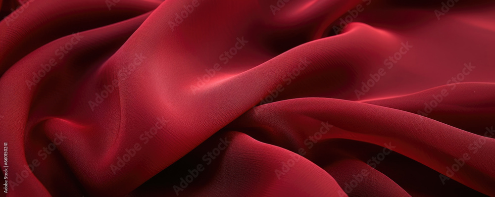 Poster closeup of a deep red chiffon fabric with a textured woven pattern and a lightweight feel, perfect f