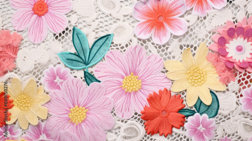 Poster closeup of a playful lace fabric, featuring a mix of fun and whimsical patterns and shapes. its boun