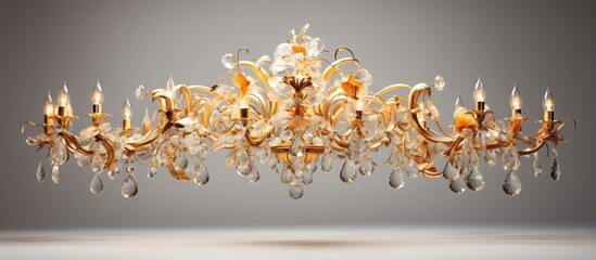 Gold chandelier against white background